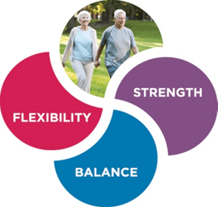 Flexibility, balance, strength and seniors graphic