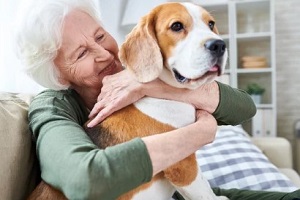 old women with pet beagle