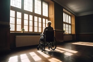 old man looking out of window while sitting on wheelchair