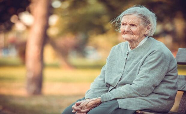 portrait of senior woman sitting on bench in Northern VA park