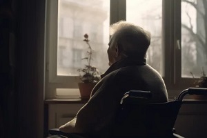 lonely senior man sitting on wheelchair looking out of window in Northern Virginia