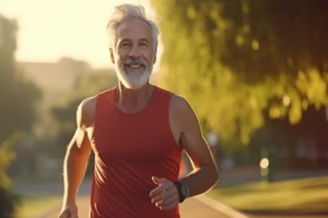 a happy, lively, elderly athlete in his 70s, in athletic gear, jogging in a vibrant park during spring, sunrise lighting