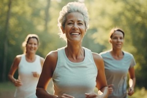 elderly athlete running outdoors with friends