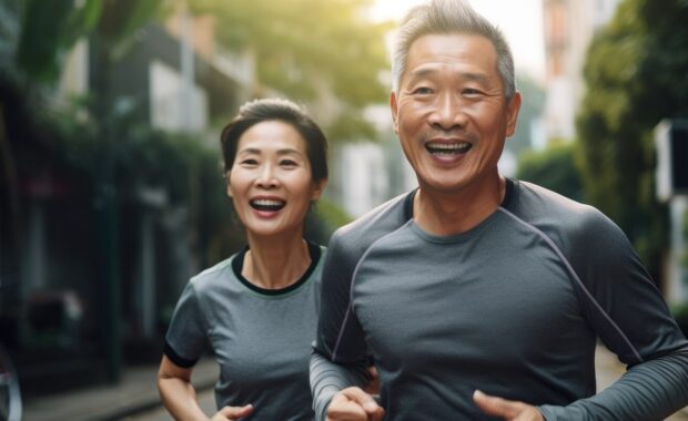 healthy lifestyle concept middle aged Asian couple during jogging workout through the streets of their neighbourhood