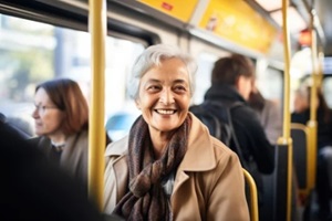 smiling mature senior citizen riding the bus in vienna