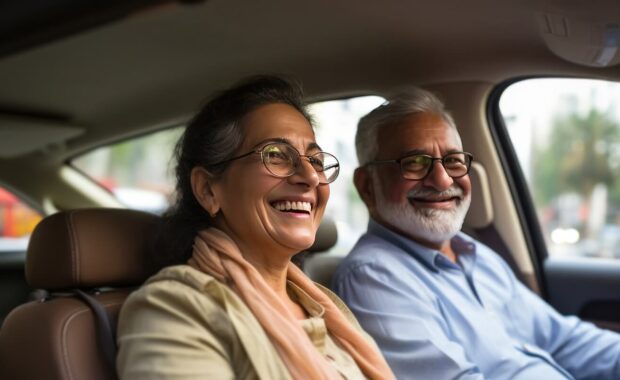 indian senior couple driving car and having fun on weekend