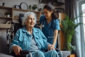 caregiver happily assisting an elderly person in their own home