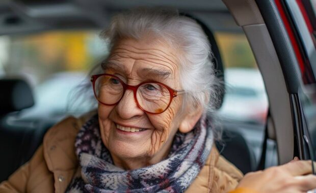 elderly lady getting into the car