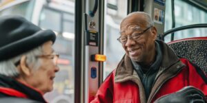 elderly man and woman in red jackets smiling and clapping hands on bus, daytime city transport scene