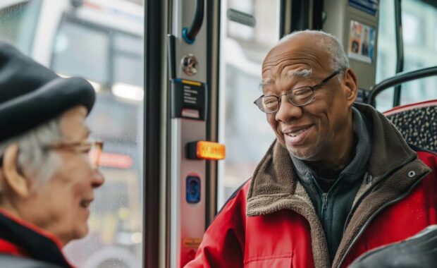 elderly man and woman in red jackets smiling and clapping hands on bus, daytime city transport scene