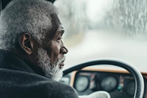 old african man driving a vintage car