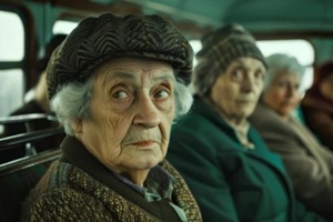 group of old women traveling in bus