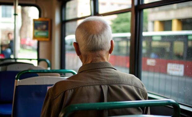 old man sit on bus seat. Senior people use public transportation