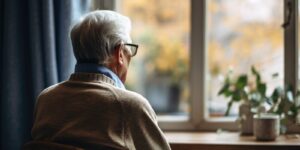 the elderly man has his back turned