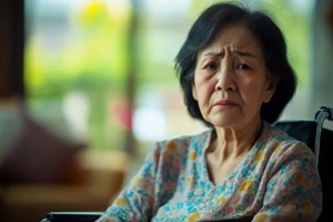 asian senior or elderly old lady woman patient on wheelchair so sad at homehealthy strong medical concept