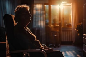 woman is sitting in a chair in a dimly lit room