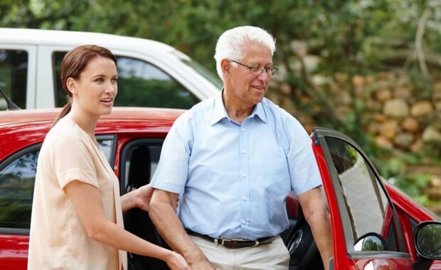 senior man, car or caregiver with assistance for senior citizen transportation, lift or commute together in nature