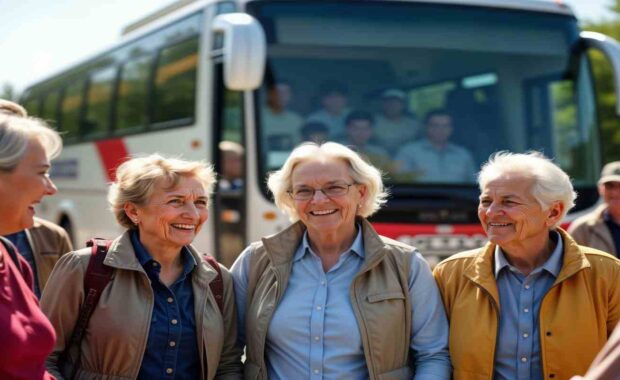 Group of Senior People Standing in Front of Bus for Free Transportation in Northern VA