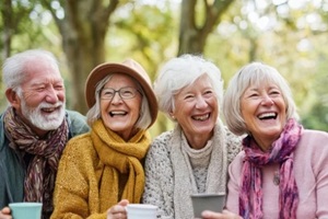 group of elderly friends laughing together outdoors in autumn