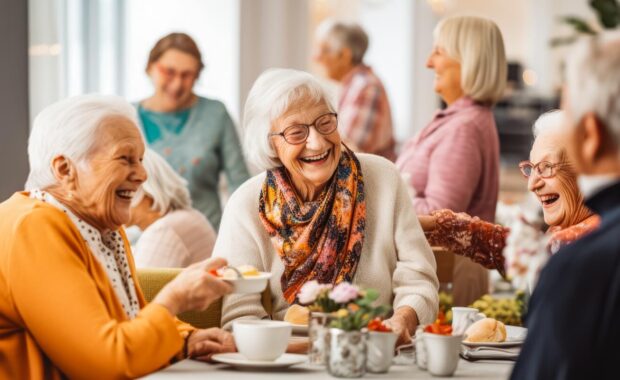 smiley seniors dancing and having fun celebrating birthday in nursing home